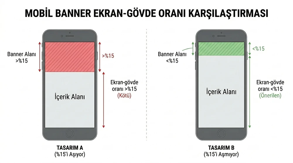 Mobil ekranda yüzde 15 eşiğini aşan ve aşmayan iki farklı banner tasarımını yan yana karşılaştıran bir şema.